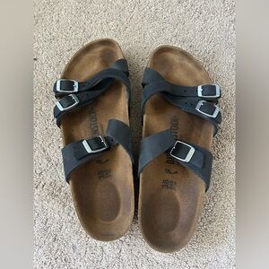 Birkenstock Black Three-Strap Sandals with Silver Buckles